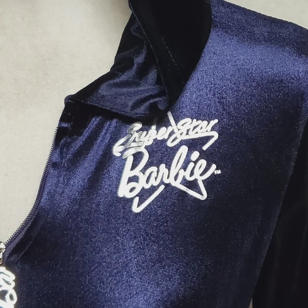 Rare Retro Barbie Loves Splash Silver Superstar Barbie Dark Indigo Velvet Hoodie - Picture 6 of 15